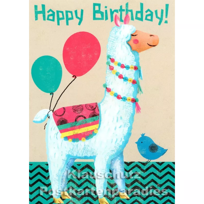 Bizarr Postkarte  - Lama mit Luftballons - Happy Birthday