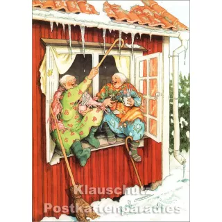 Taurus Postkarte von Inge Löök -  Alte Frauen sammeln Eiszapfen im Winter
