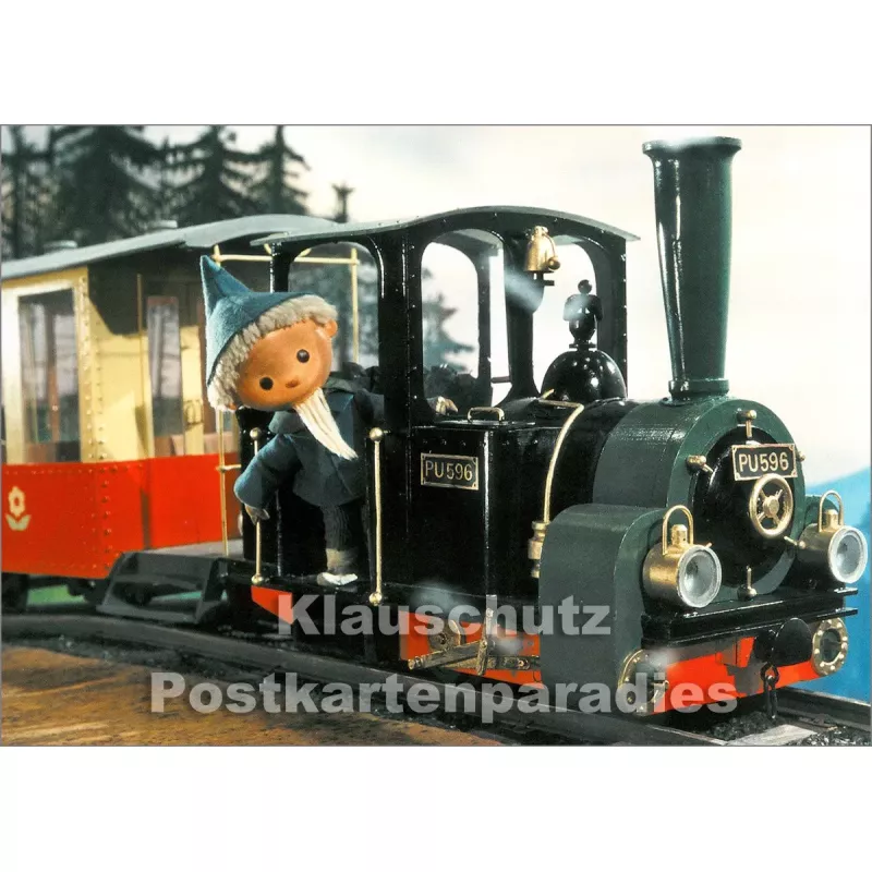 Postkarte - Das Sandmännchen aus dem Ostfernsehen als Lokomotivführer