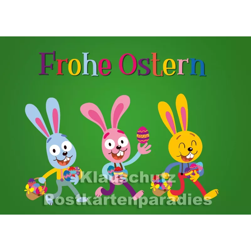 Witzige Osterpostkarte mit bunten fröhlichen Hasen - Frohe Ostern