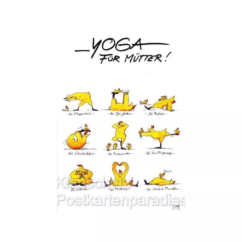 Discordia Peter Gaymann Comic Postkarte mit Hühnern - Yoga für Mütter!