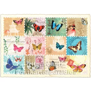 Retro Glitterkarte aus der Edition Tausendschön | Schmetterlinge Briefmarken