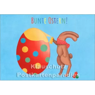 Bunte Ostern - Discordia Postkarte mit dem Osterhasen und einem bunten Ei