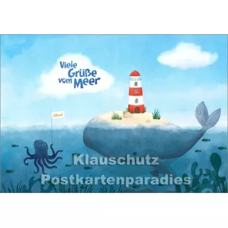 Viele Grüße vom Meer - SkoKo Küsten Postkarten mit Walfisch und Leuchtturm