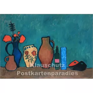Kunstkarte von Gabriele Münter | Stillleben mit Vasen, Flaschen und Geranien