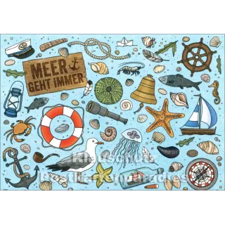 Meer geht immer - SkoKo Küsten Postkarten mit Möwe, Fisch und Segelboot