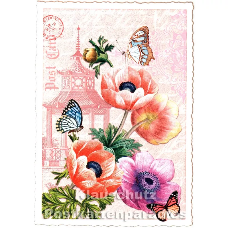 Retro Glitterkarte aus der Edition Tausendschön | Schmetterlinge und Mohnblumen