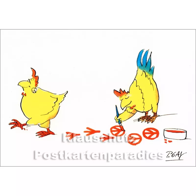Peter Gaymann Postkarte mit zwei Hühnern, die Peace-Zeichen malen.