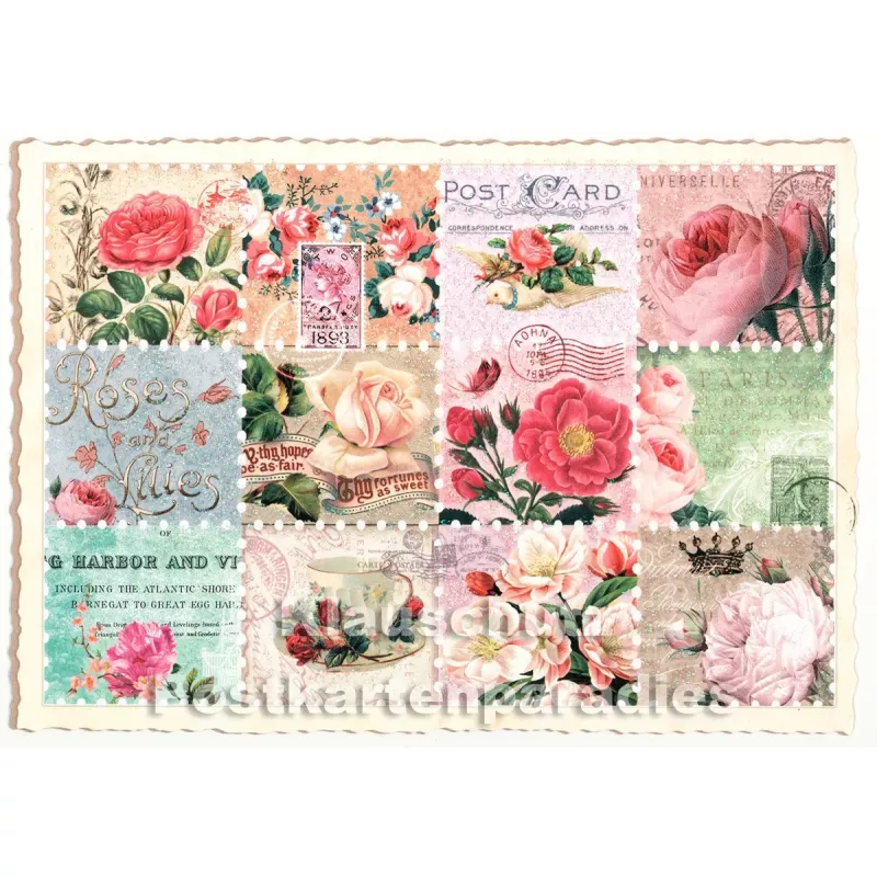 Retro Glitterkarte aus der Edition Tausendschön | Rosen Briefmarken