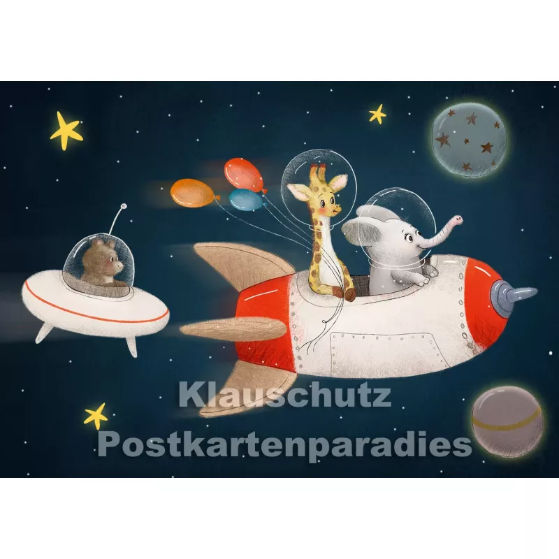 Lustige Kinder Postkarte vom Postkartenparadies | Tiere fliegen mit Rakete durchs Weltall