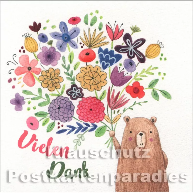 Quadrat Postkarte von SkoKo - Bär mit Blumenstrauß - Vielen Dank!
