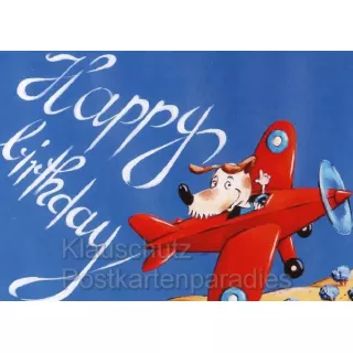 Happy Birthday Kinderkarte Hund im Flugzeug - Geburtstagskarte von Thomas Rhöner
