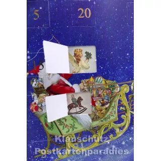 ActeTre Doppelkarte Adventskalender  - Weihnachtsmann im Schlitten - Detailansicht mit geöffneten Türchen