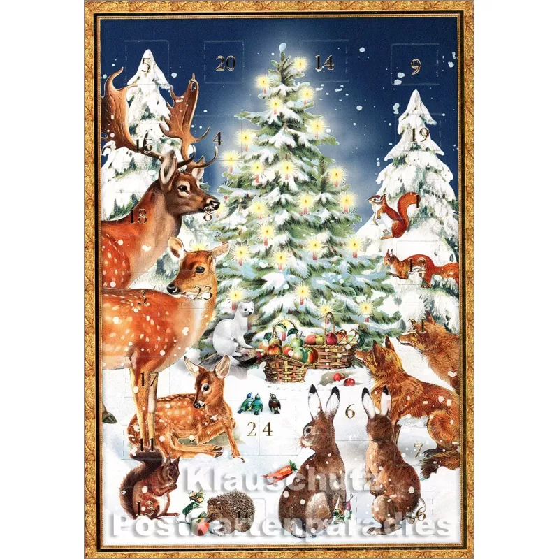 ActeTre Doppelkarte Adventskalender  -  Tiere feiern Weihnachten im verschneiten Winterwald