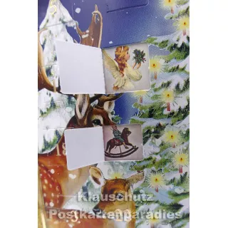 ActeTre Doppelkarte Adventskalender  -  Tiere feiern Weihnachten im verschneiten Winterwald | aufgeklappte Fensterchen