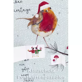 Doppelkarte Weihnachten von Discordia - Adventskalender - Rotkehlchen - mit geöffneten Türchen
