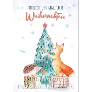 Tushita Postkarte - Friedliche und gemütliche Weihnachten - mit Igel und Fuchs am Weihnachtsbaum