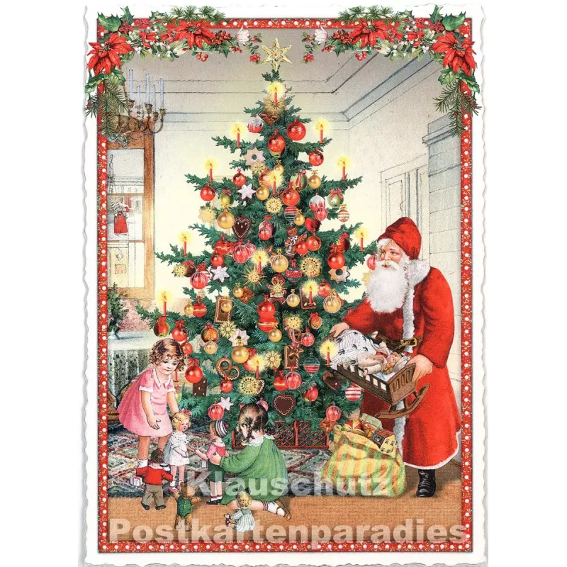Edition Tausendschön - Nostalgische Retro Weihnachtskarte mit Glitter - Weihnachtsmann verteilt Geschenke