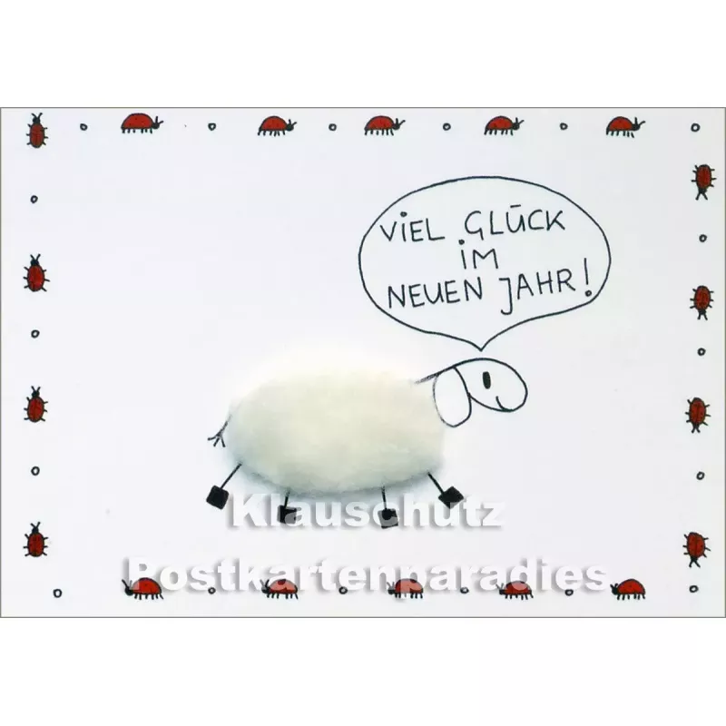 Schaf - Viel Glück im neuen Jahr! | Inkognito Plüsch Weihnachtskarte mit aufgeklebtem Plüschfell