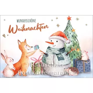 Tushita Doppelkarte - Wunderschöne Weihnachten - mit Schneemann und Fuchs am Weihnachtsbaum