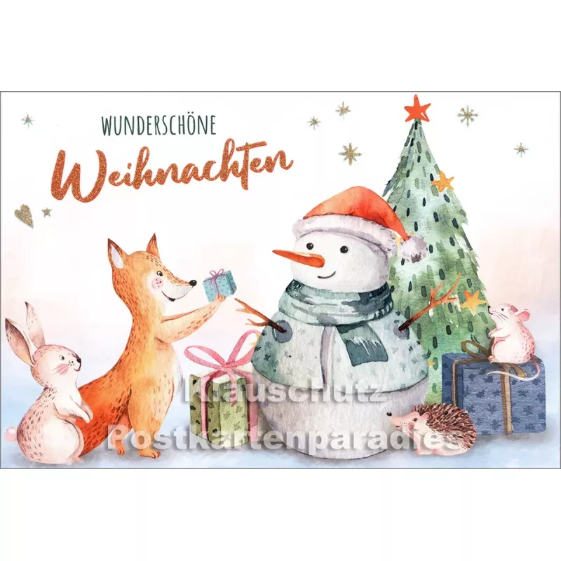 Tushita Doppelkarte - Wunderschöne Weihnachten - mit Schneemann und Fuchs am Weihnachtsbaum
