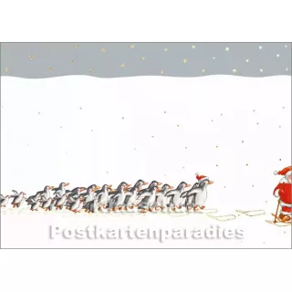 Weihnachtspostkarte mit goldfarbener Lackierung - Weihnachtsmann und Pinguine