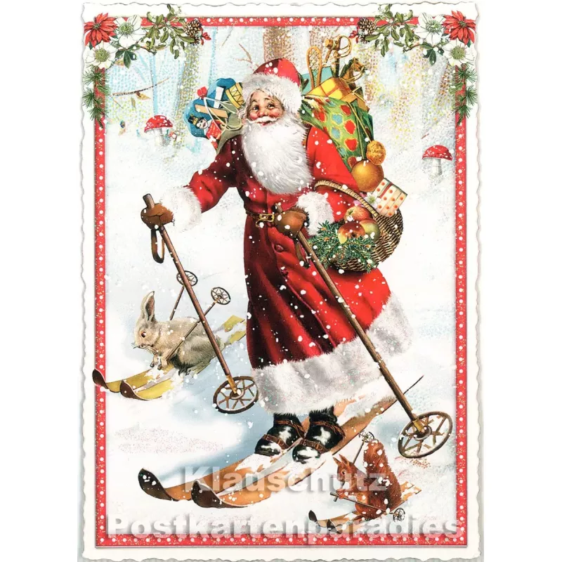Edition Tausendschön - Nostalgische Retro Weihnachtskarte mit Glitter - Weihnachtsmann auf Skiern