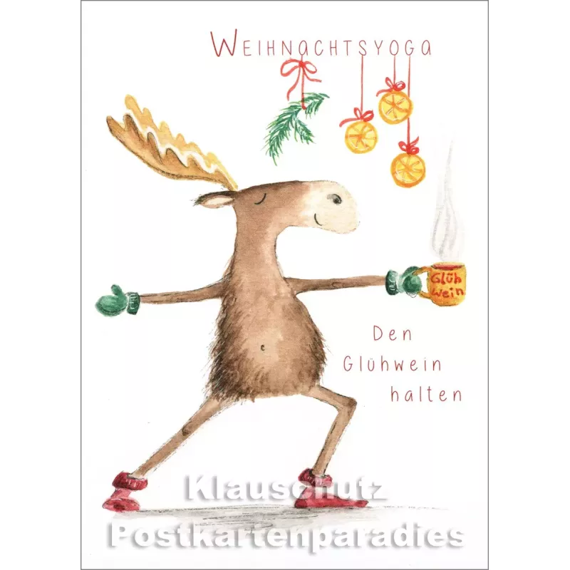 Weihnachtskarte | Weihnachtsyoga mit Elch - Den Glühwein halten