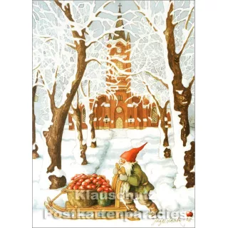 Wichtel mit Äpfeln im Schnee | Inge Löök Weihnachtskarte