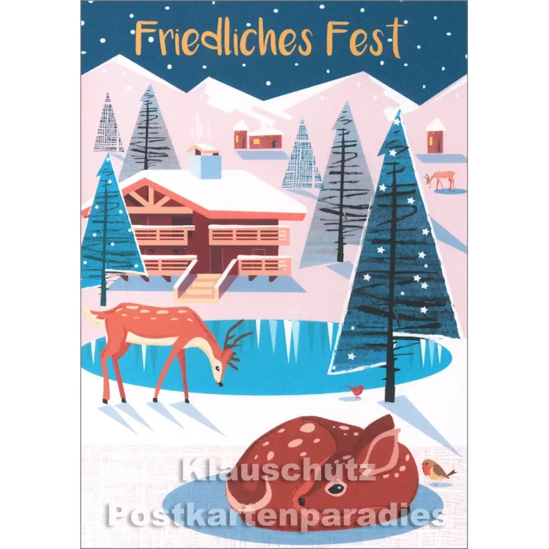 Doppelkarte Weihnachten - Rehe am Winterteich - Friedliches Fest