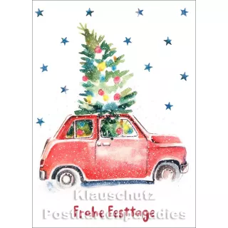 Weihnachtskarte - Rotes Auto mit Weihnachtsbaum