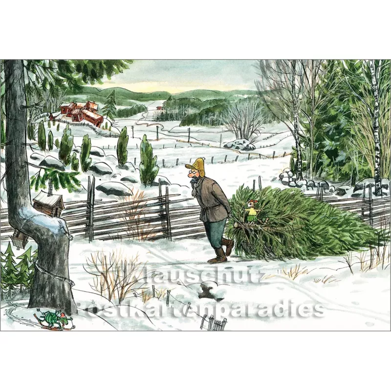 Pettersson und Findus holen Weihnachtsbaum - Postkarte
