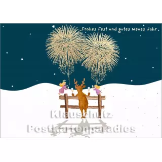 Cityproducts goldfarbene Weihnachtskarte - Elch und Engel genießen Feuerwerk