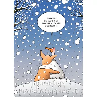 Schwein gehabt! Weihnachten locker überlebt! | Tetsche Postkarte mit Schwein und Gans