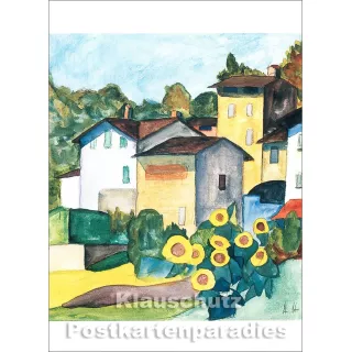Taurus Kunst Postkarte | Hermann Hesse | Tessiner Dorf mit Sonnenblumen