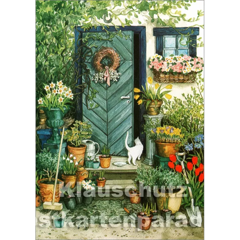 Weiße Katze und Blumentöpfe - Postkarte von Inge Löök