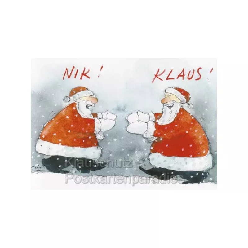 Peter Gaymann Weihnachtskarte mit Weihnachtsmann und Elch - Nik! Klaus! Weihnachtsmänner 