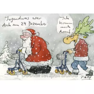 Peter Gaymann Weihnachtskarte mit Weihnachtsmann und Elch - Weihnachten Rentner Rollator Karte 