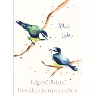 Alles Liebe - Postkarte mit Blaumeisen - Illustration: Louise Mulgrew