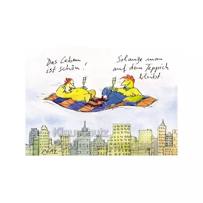 Witzige Peter Gaymann Hühner Postkarten - Das Leben ist schön! Solange man auf dem Teppich bleibt!