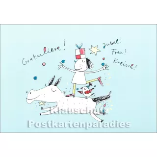 Gratuliere! Jubel! Freu! Kreisch! | Postkarte zum Geburtstag von karindrawings