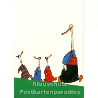 Postkarte von Wolf Erlbruch aus dem Peter-Hammer-Verlag - Gänsemarsch