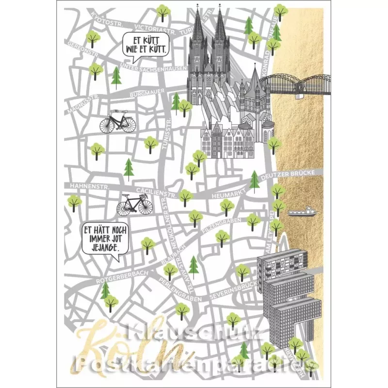 Cityproducts kölsche Postkarte mit goldfarbener Lackierung - Köln Stadtplan