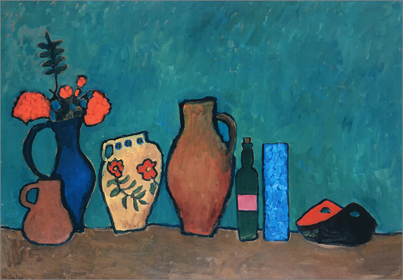 Gemälde von Gabriele Münter - Stillleben mit Vasen, Flaschen und Geranien